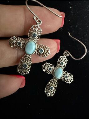 925 Sterling silver BBJ larimar and blue topaz cross earrings